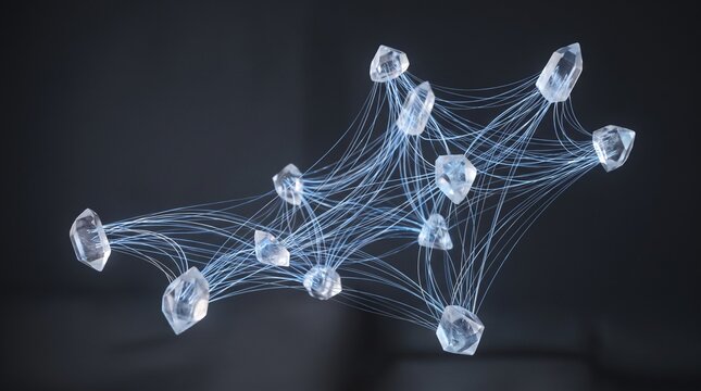 Translucent crystalline shards floating in space are connected by intricate glowing blue fiber optic threads creating complex digital network structures