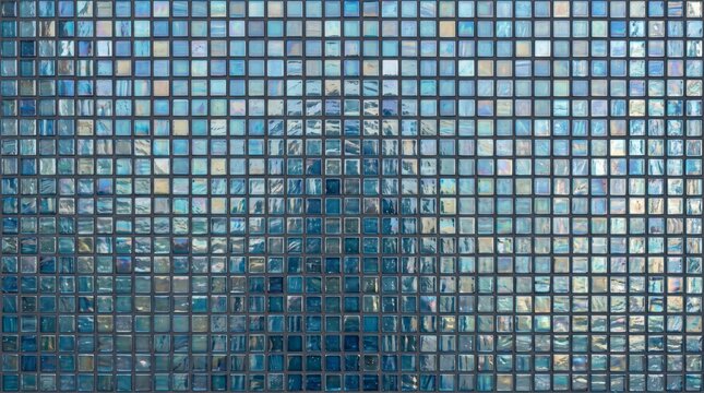Blue mosaic tile wall background with reflective glass square pattern texture
