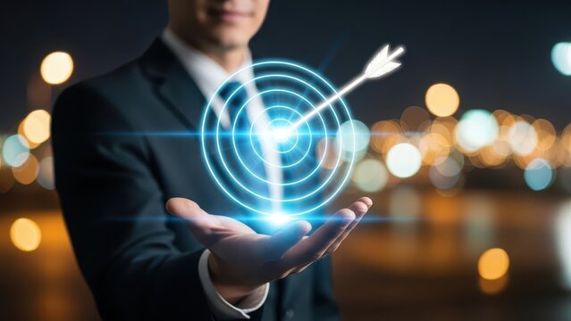 Businessman holding digital target and arrow for business strategy with business