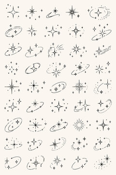 軌道や輪がある黒い星と輝き、スパークルのアイコンコレクション Collection of black star and sparkle icons with orbits and rings