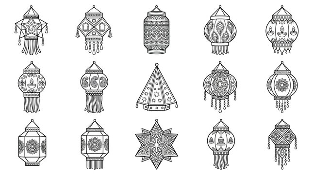 Collection of Decorative Traditional Indian Lanterns Akash Kandil Diwali Lamps Isolated on Transparent Background