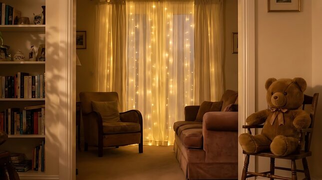 Living room with teddy bear and fairy lights