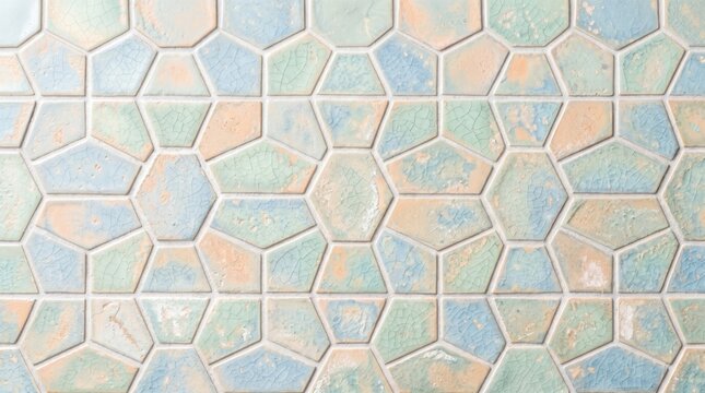 Geometric stone tile pattern with pastel blue and orange textured pavers for flooring