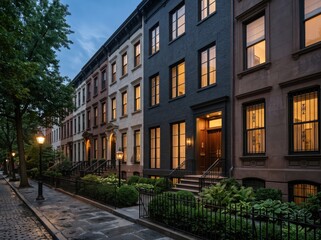 Naklejka premium Evening townhouse street with lit windows and black brick facade