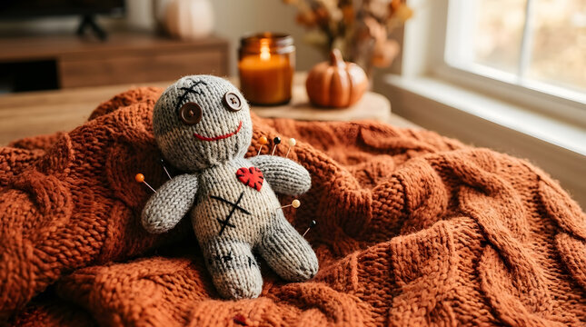 Cute handmade voodoo doll sitting on a soft orange knitted blanket in a cozy room at home