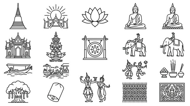 Thailand Icons Collection Buddha Temple Elephant Lotus Traditional Dance Isolated Symbols