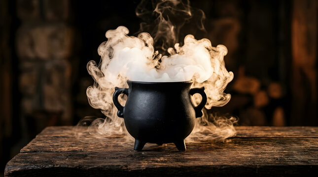 Black witch cauldron with bubbling green potion and thick smoke on an old wooden table