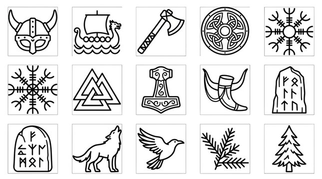 Norse Mythology Icons Set Viking Helmet Ship Axe Shield Rune Stone Thor Hammer Wolf Bird