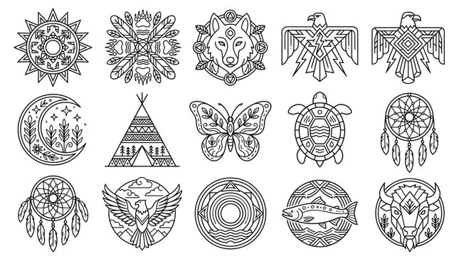 Native American Inspired Symbols Collection Wolf Eagle Turtle Dreamcatcher Sun Moon Teepee Fish Buffalo