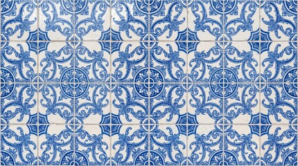 Fototapeta premium Traditional blue and white ceramic tiles with intricate floral pattern wall background