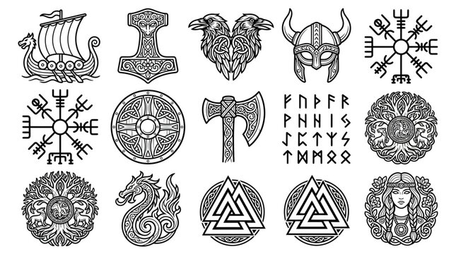 Norse Mythology Symbols Collection Viking Ship Thors Hammer Ravens Helmets Runes Yggdrasil Valknut Dragon Vegvisir