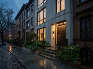 Fototapeta premium Modern townhouse entrance at dusk with concrete facade wet sidewalk and lit windows