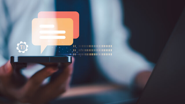 Customer service agent manages digital customer support, mobile messaging, live chat, technical assistance, client communication, help desk, service request, and online support through a smartphone.