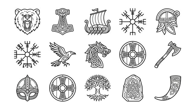 Norse Mythology Symbols Collection Viking Symbols Rune Stone Axe Ship Bear Dragon Helmet Raven Isolated