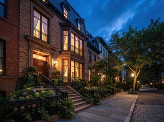 Fototapeta premium Brick row houses at dusk with lit windows and cobblestone street