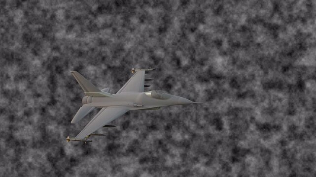 3D fighter jet flying through a dark smoky atmosphere, featuring a military aircraft concept with dramatic clouds, aviation technology, and cinematic motion.