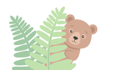 Cute baby bear peeking from behind green leaves, flat design illustration for children's themes © Moh