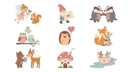 Fototapeta premium Cute cartoon animal icons set: fairy, gnome, badgers, owls, fox, bear, deer, hedgehog, mice