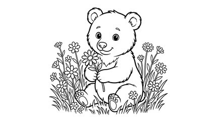 Cute cartoon baby bear sitting in grass holding a flower, surrounded by daisies, outline illustration © Moh