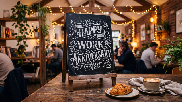Chalkboard sign reading happy work anniversary in a warm cafe with lights