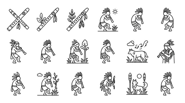 Native American Flute Player Icons Set Kokopelli Wolf Nature Elements Isolated Vector Graphics