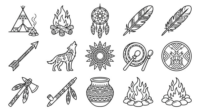 Native American Icons Collection Teepee Wolf Dreamcatcher Feathers Arrow Drum Axe Pottery Fire Isolated Elements
