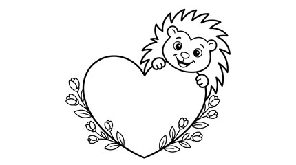 Friendly cartoon hedgehog peeking over a heart frame decorated with floral elements, line art illustration