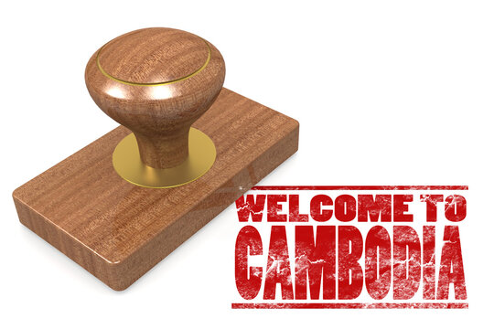 Red rubber stamp with welcome to Cambodia