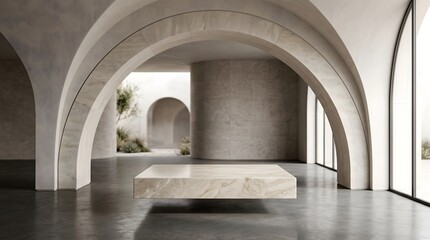 Fototapeta premium Minimalist marble podium floating in modern interior with concrete floors and vaulted stone arches creating elegant luxury product display background.