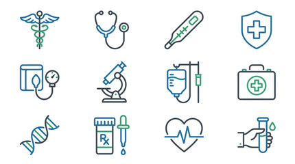 Fototapeta premium Medical Health Care Icons Set Caduceus Stethoscope Thermometer ECG Heartbeat DNA Microscope Infusion