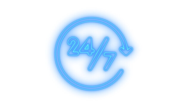 Glowing neon 24/7 service icon isolated on transparent background. Twenty four seven support. Open hours sign. Customer assistance. Nonstop loop