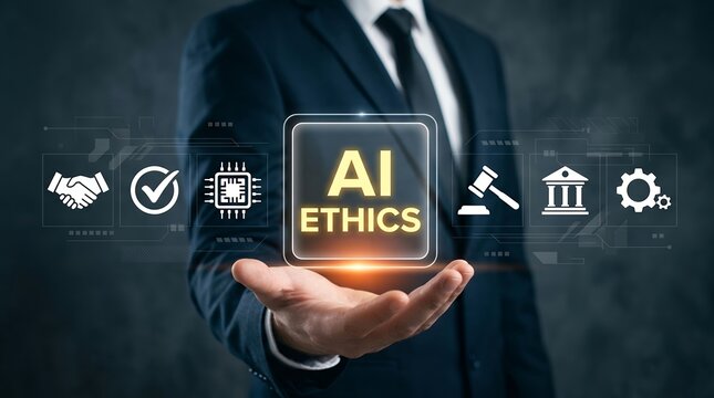 A person in a suit displays a digital interface showing AI Ethics surrounded by icons representing handshake checkmark microchip gavel building and gear artificial intelligence