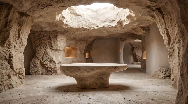 Natural stone sculpted table centerpiece situated inside rocky cavern with dim lighting and rustic earth textures creating prehistoric cave atmosphere.