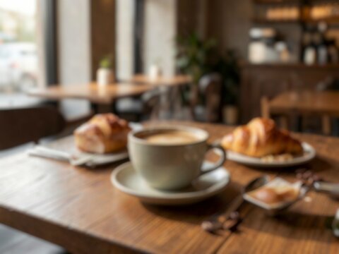 Blur image of coffee and a fresh croissant served together on a table. Ideal for cafe, breakfast, food, and lifestyle concepts.