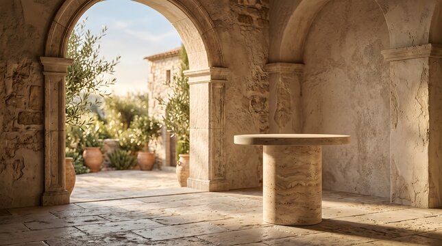 Rustic stone interior with circular travertine table pedestal set against arched doorways and sunlit garden with olive trees and clay pots background.