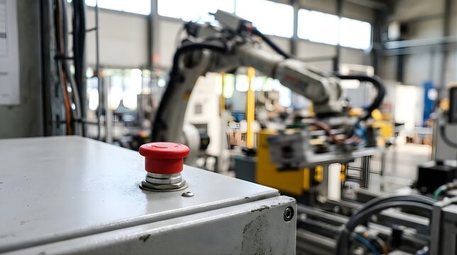 Red emergency stop button on a control panel in an automated factory