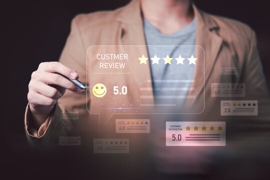 Customer service manager analyzes customer reviews, customer satisfaction, five-star rating, online feedback, service quality, reputation management, consumer experience, and quality improvement.