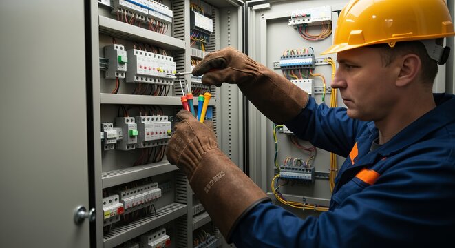 Electrician in protective gloves handling tools within a complex electrical fuse box panel