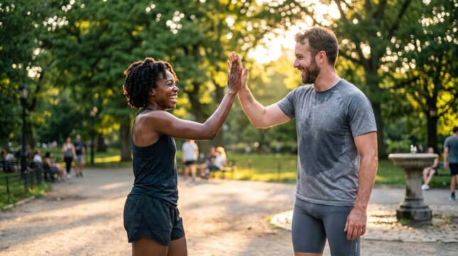 Active, smiling interracial couple in fitness attire giving a high five in a sun-drenched park after a workout, celebrating success and partnership.