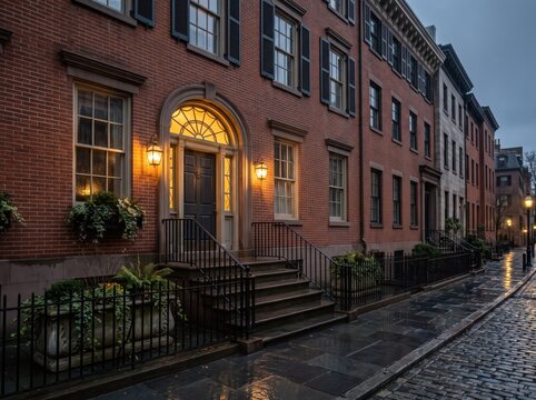 Brick townhouse entrance with arched fanlight and rain covered sidewalk