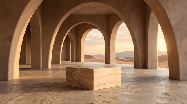 Geometric travertine cube display on tiled floor within ancient stone arcade overlooking arid desert landscape during warm sunset with dramatic shadows.