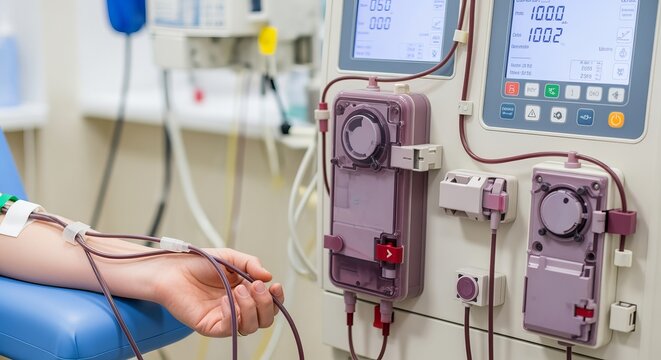 Dynamic dialysis treatment  closeup of machine with fluid flowing through transparent tubes