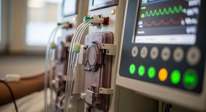 Close up of dialysis machine in action with fluid flowing through transparent tubes to patient
