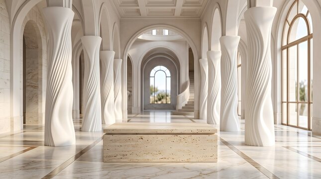 Minimalist marble stage with textured stone platform set inside grand architectural hall with twisted decorative pillars and bright natural daylight interior.