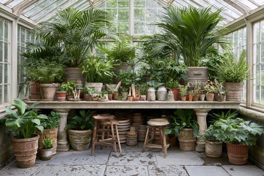 Close detail of rainy greenhouse planting station with condensed glass and moisture, upper copy space in layered foliage shadows.