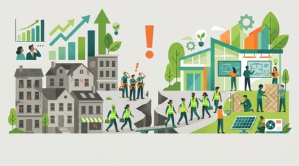 Fototapeta premium Workers focus on energy renovations using insulation and heat pumps while addressing skills shortage in the industry during daytime.