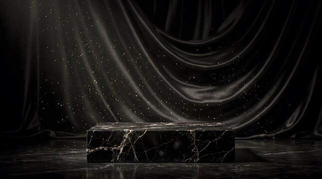 Glossy black marble platform with dark silk drapery and golden sparkles floating in air under dramatic spotlight perfect for high end luxury marketing.