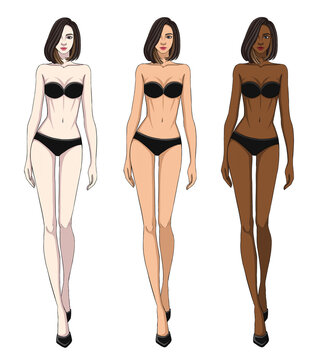 Colored skin tones fashion croquis figurines walking female body with bob short hair.
