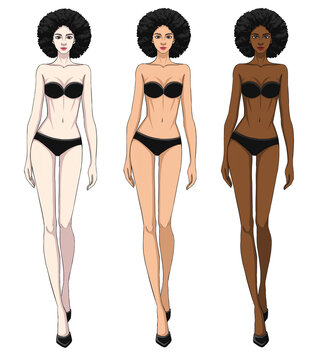 Colored skin tones fashion croquis figurines walking female body with afro hair.