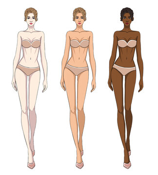 Colored skin tones fashion croquis figurines walking female body with updo hair.